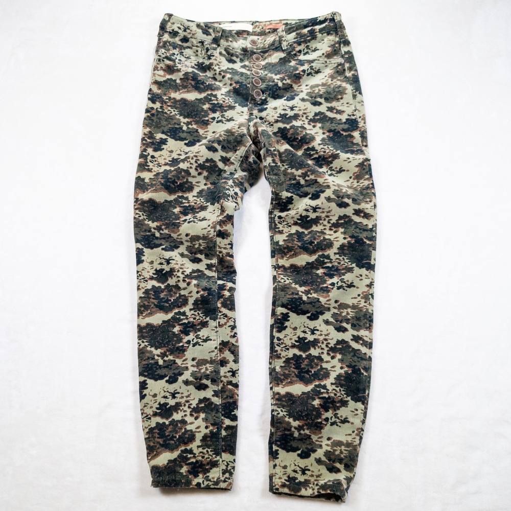 Anthropologie Pilcro Corduroy Pants Womens 28 Green Camo High Rise Skinny Button
